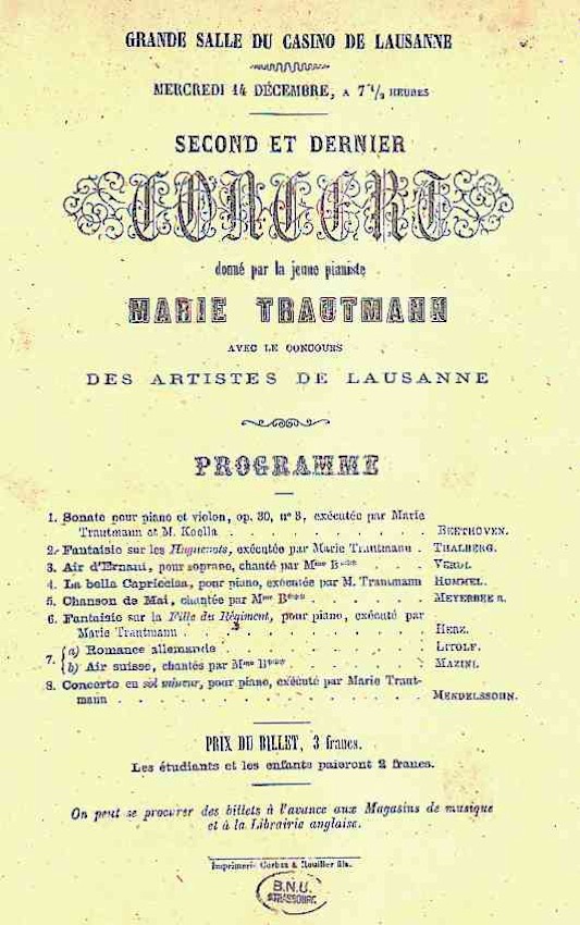 Concert de Marie Jaëll à Lausanne